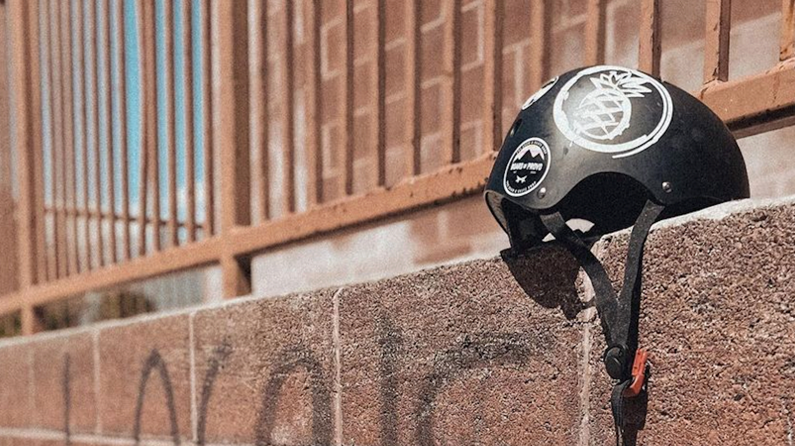 helmet on ledge with binkybro stickers