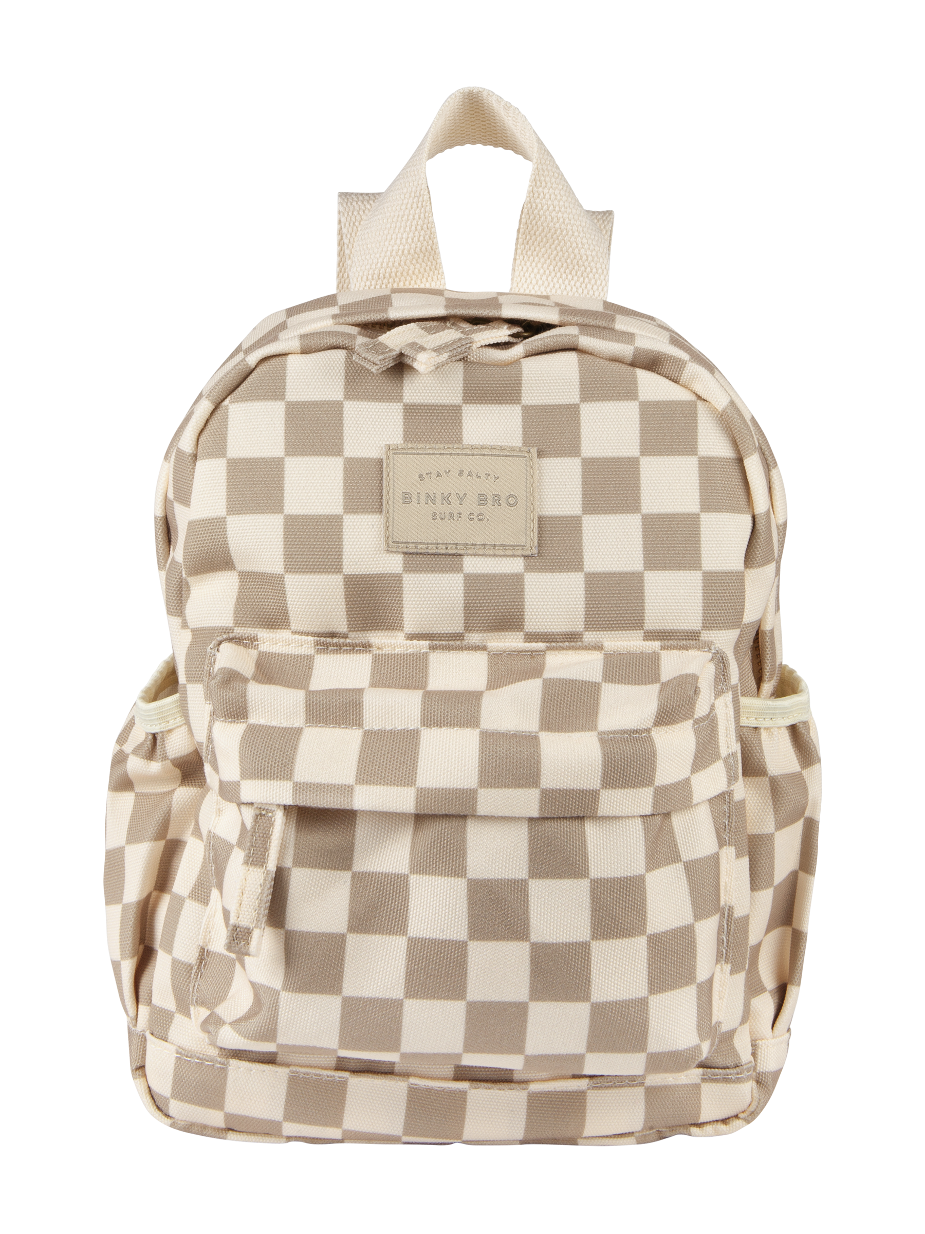 Stylish checkered backpack in neutral tones, featuring a front pocket and sturdy handles for kids' everyday adventures.