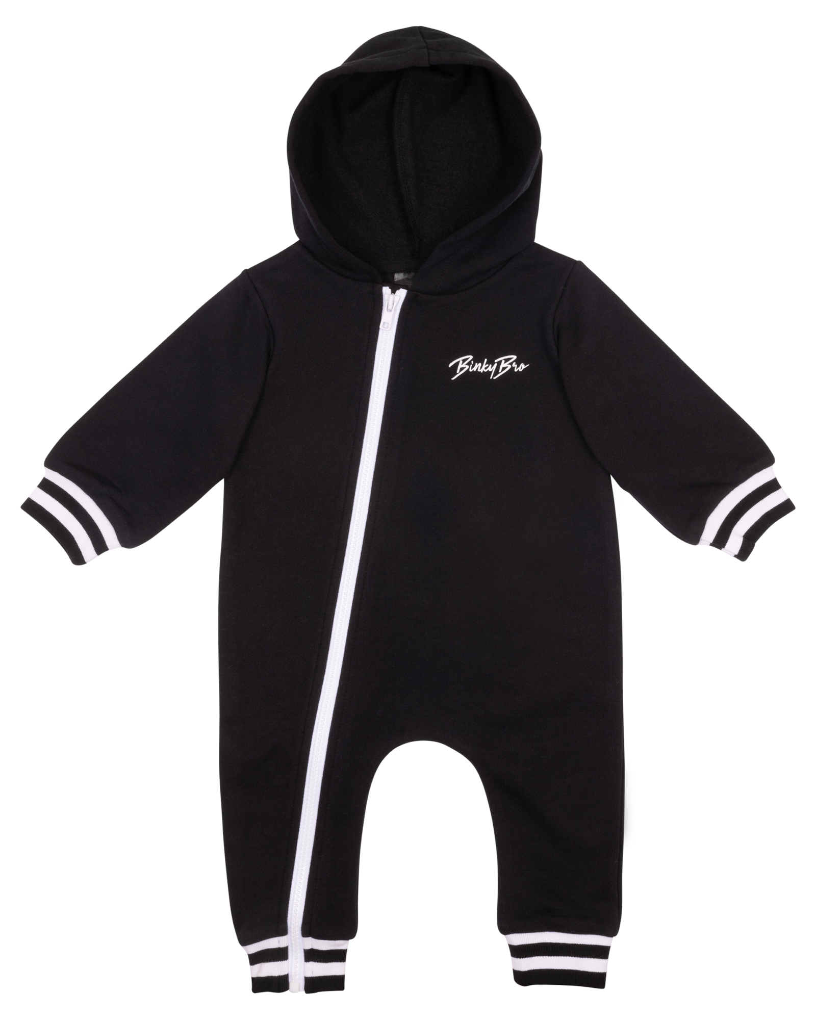 Black zip-up onesie with a hood and white striped cuffs, featuring the BinkyBro logo for stylish infant wear.
