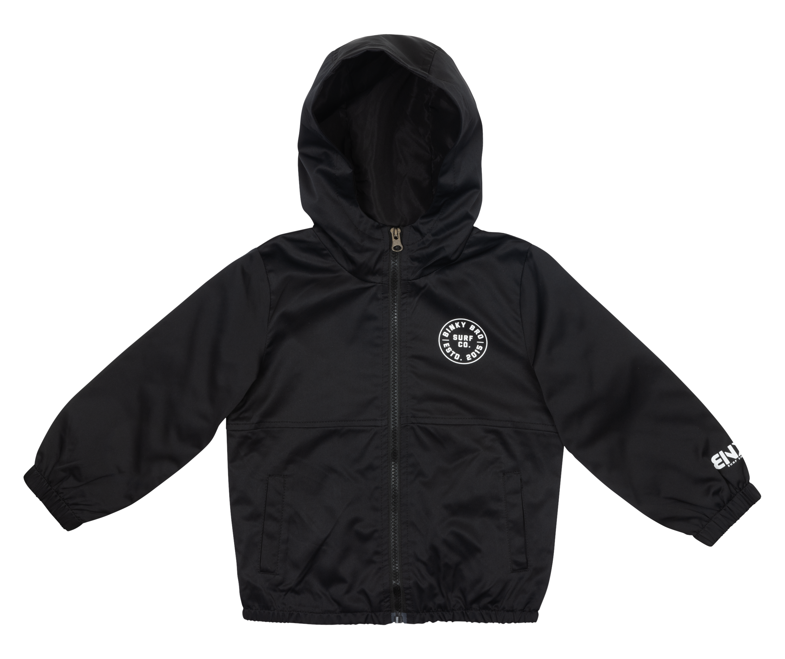 Black skate jacket featuring a hood, zip closure, and logo on the chest and sleeve, designed for active youth.