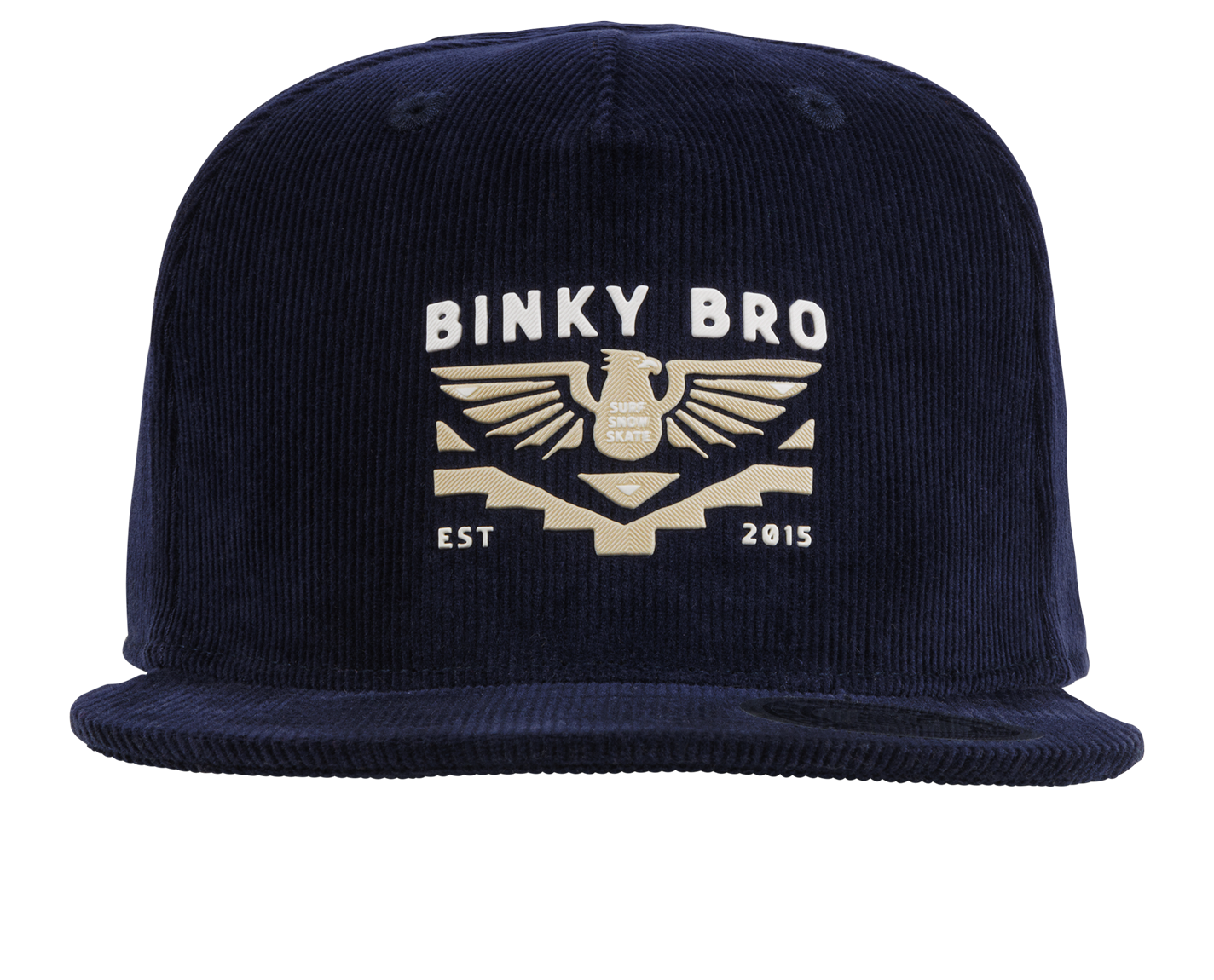 Navy corduroy snapback hat featuring a gold Binky Bro logo with a phoenix and wings, perfect for kids' stylish outdoor wear.