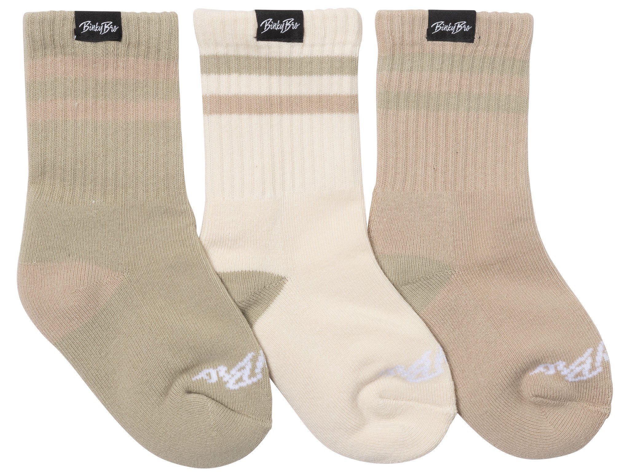 Three-pack of beige socks featuring varying shades and stripe patterns, designed for infants and toddlers.