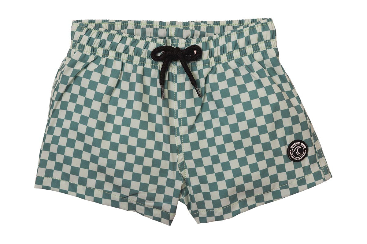 Stylish checkered swim shorts in teal and white with an elastic waistband and drawstring, perfect for kids.