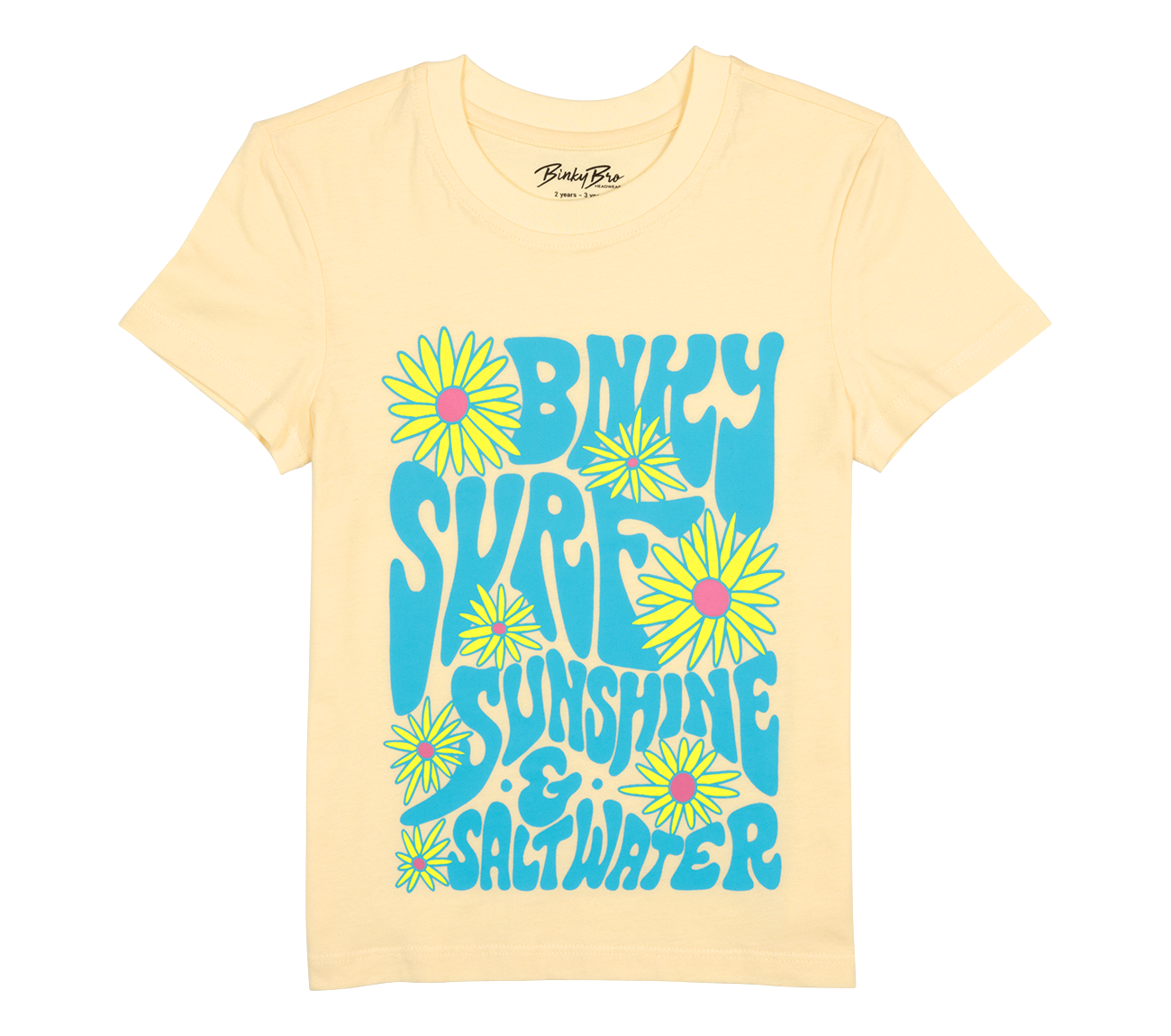 Light yellow t-shirt featuring bold blue text that reads "Binky Surf Sunshine & Saltwater" with colorful flower designs.