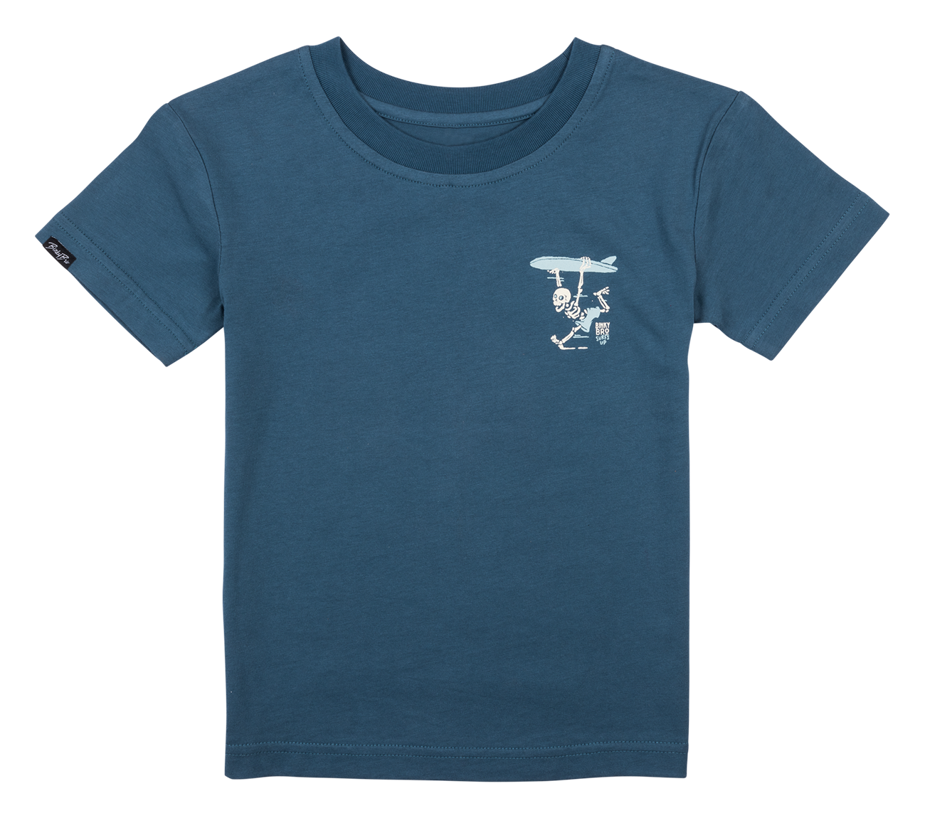 Blue toddler t-shirt featuring a playful skeleton graphic with a surfboard, perfect for little surf enthusiasts.