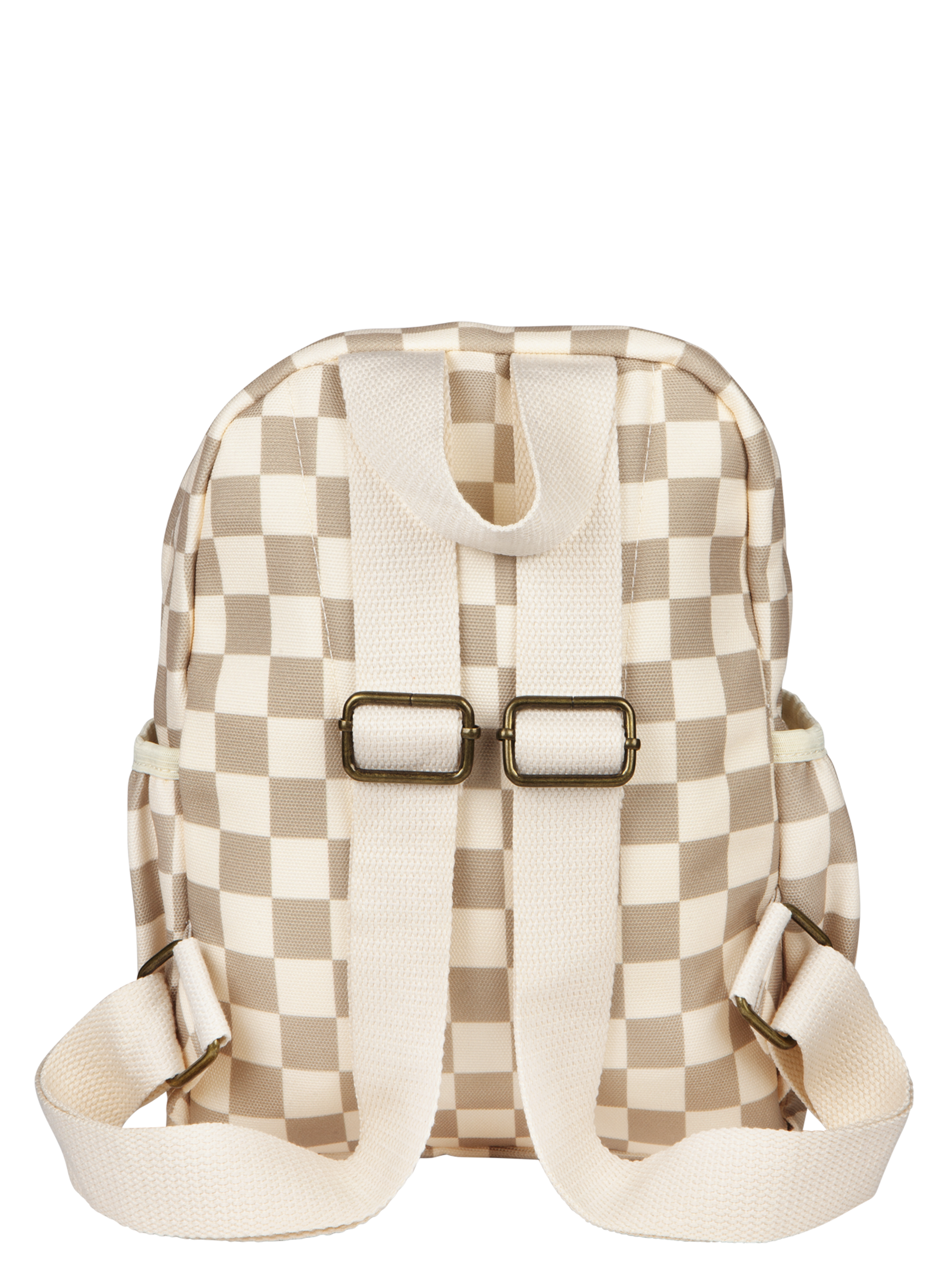 Stylish beige and cream checkered backpack with adjustable straps, perfect for kids on the go. Ideal for everyday adventures.