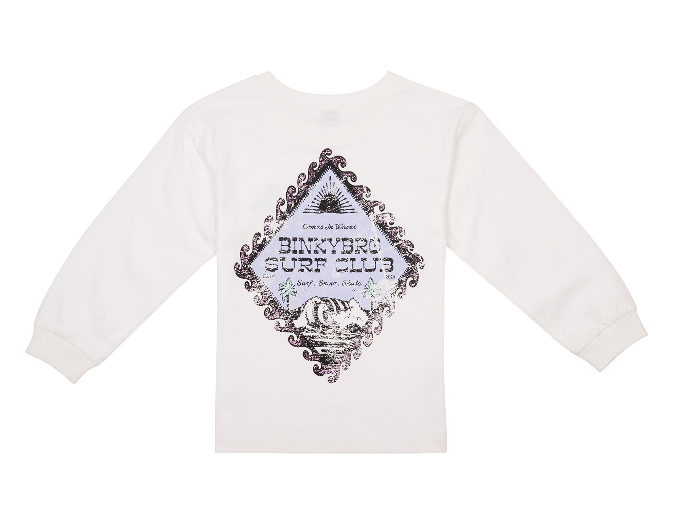 White long-sleeve shirt featuring a graphic design with "Comes In Waves" and "BinkyBro Surf Club" in a surf-inspired style.