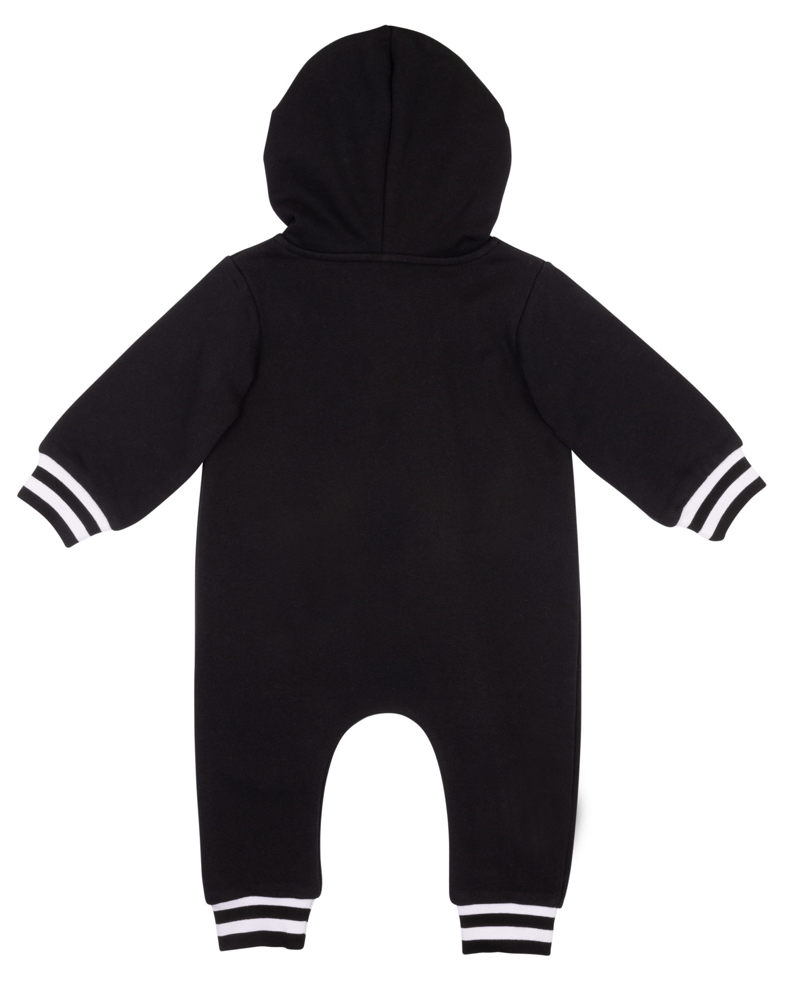 Black hooded one-piece outfit with white striped cuffs, designed for infants and toddlers, perfect for stylish comfort.