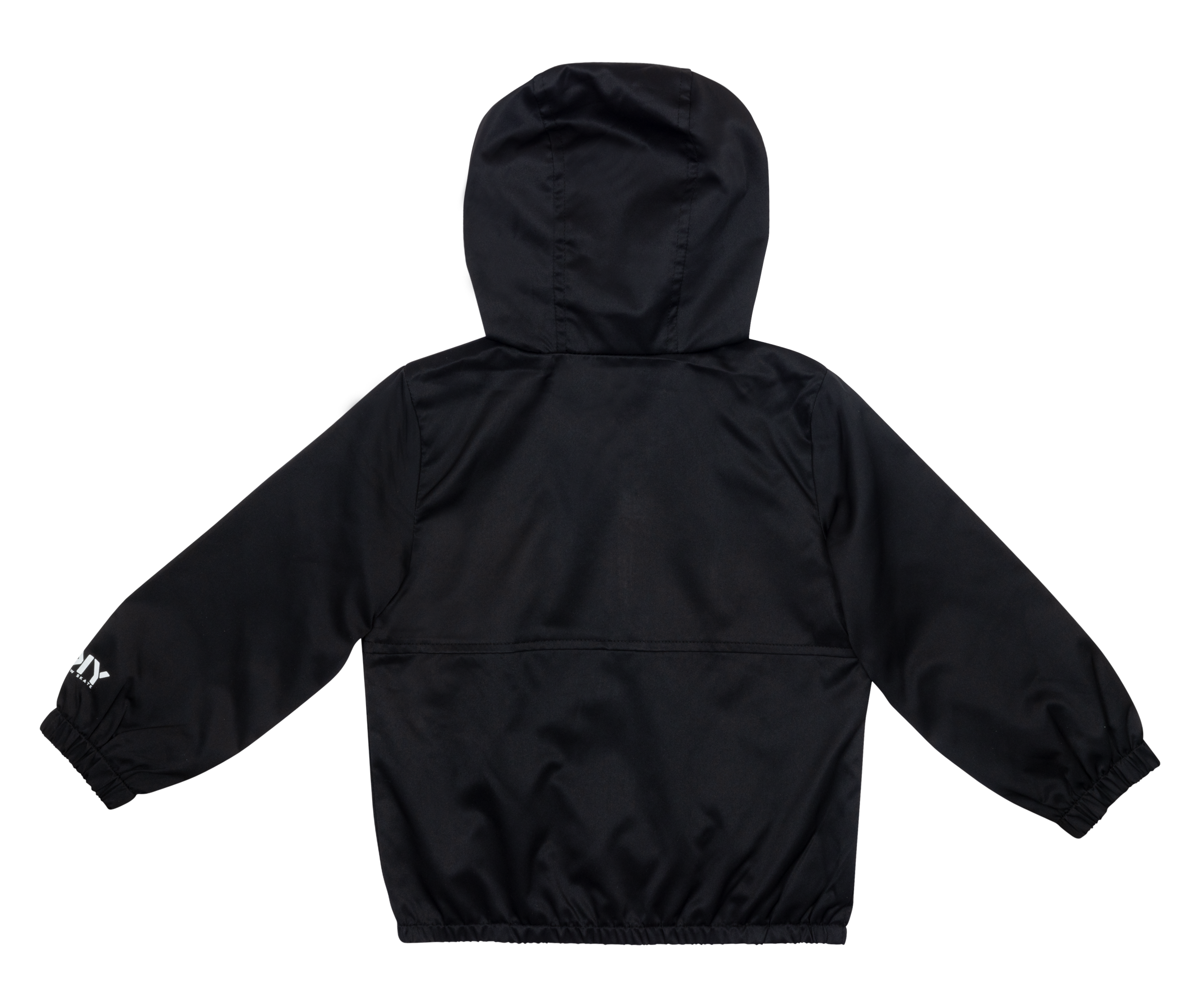 Black skate jacket with a hood, featuring elastic cuffs and a relaxed fit, perfect for active youth.