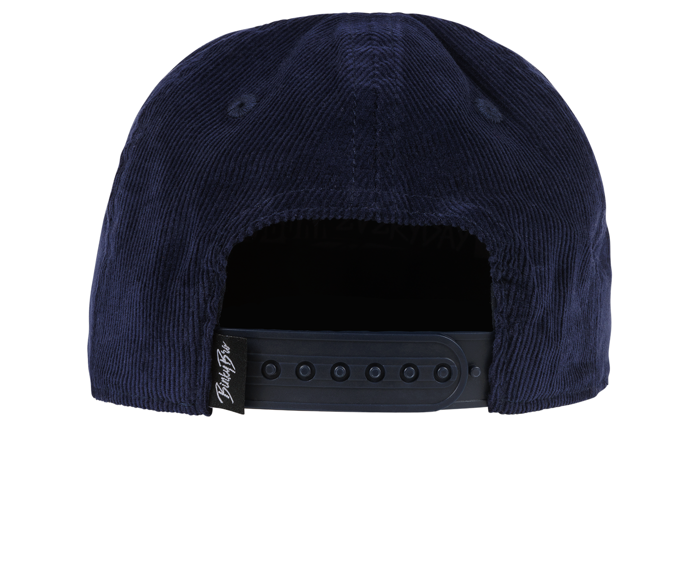 Navy corduroy snapback hat with an adjustable strap and logo tag at the back, designed for kids' stylish wear.