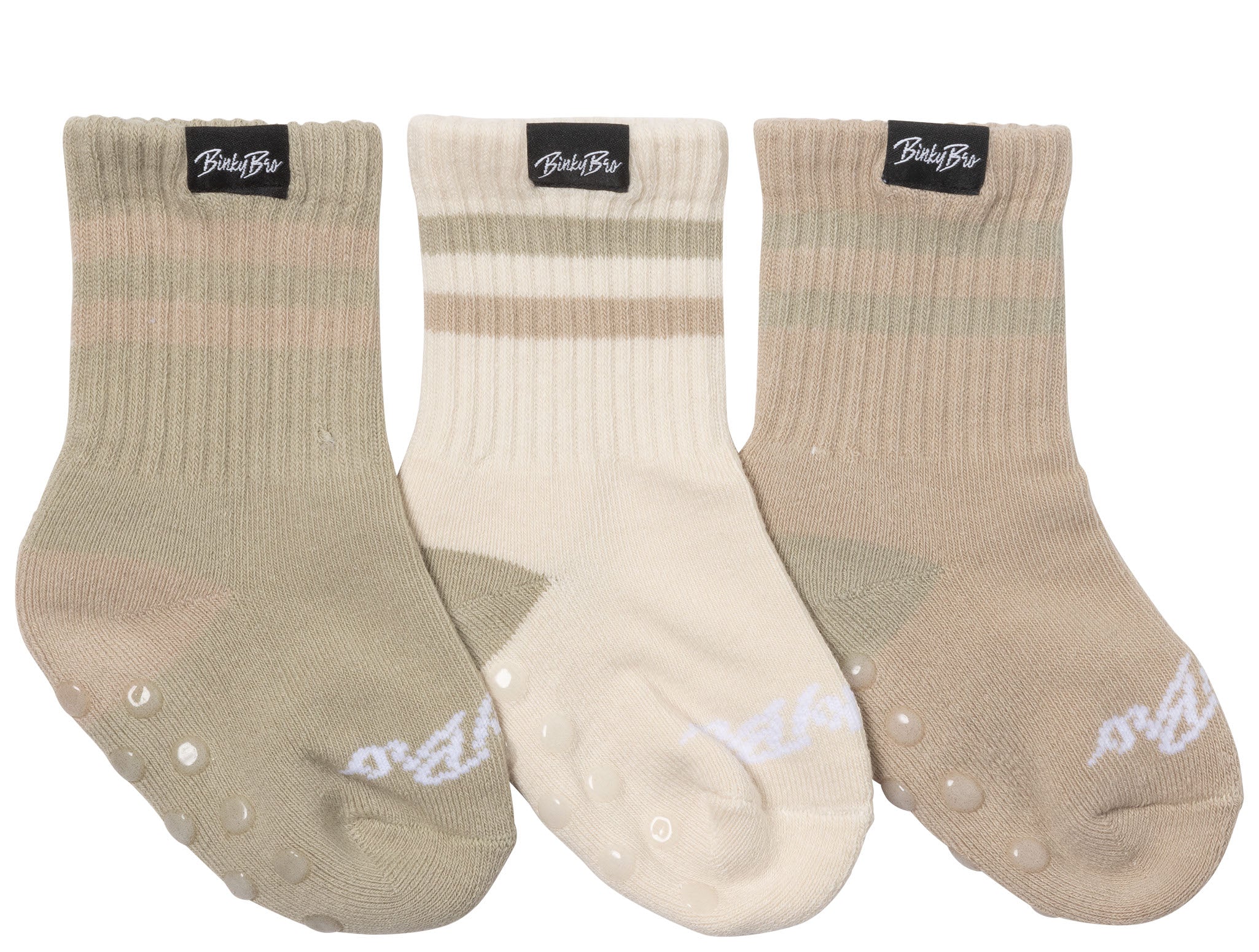 Beige 3-pack toddler socks featuring ribbed design and non-slip soles, perfect for active little ones.