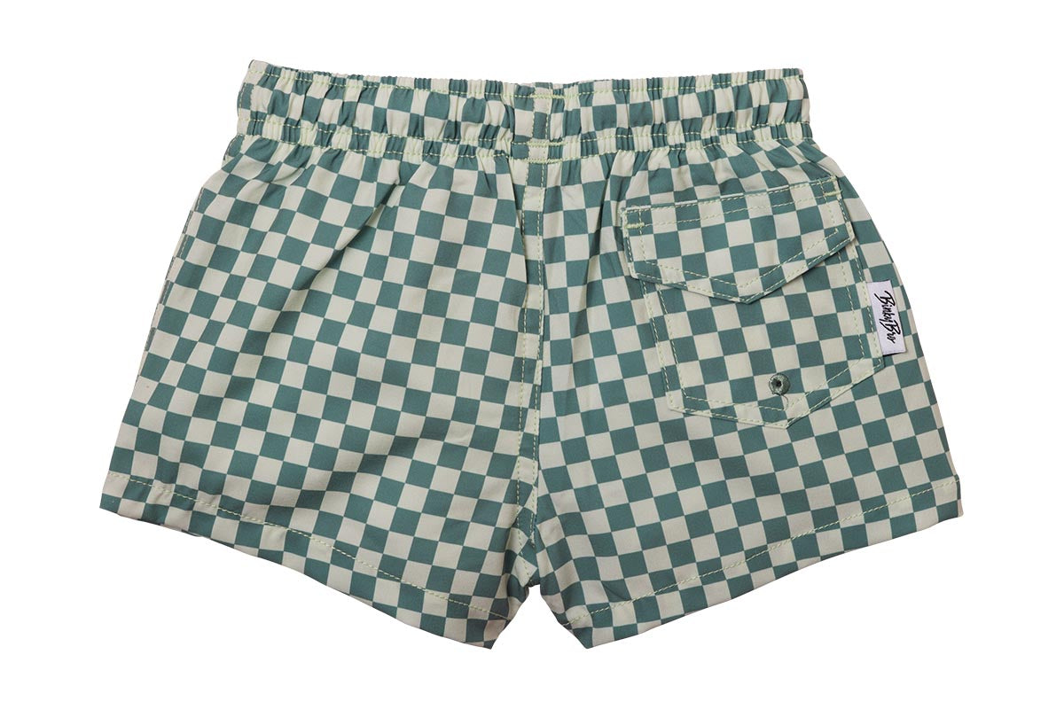 Back view of Witches Rock Swimmie shorts featuring a green and cream checkered pattern and a rear pocket.