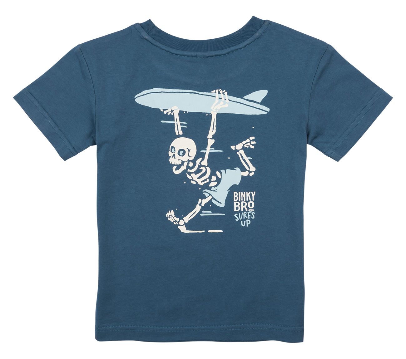 Blue toddler t-shirt featuring a playful skeleton holding a surfboard, promoting a fun surf lifestyle for kids.