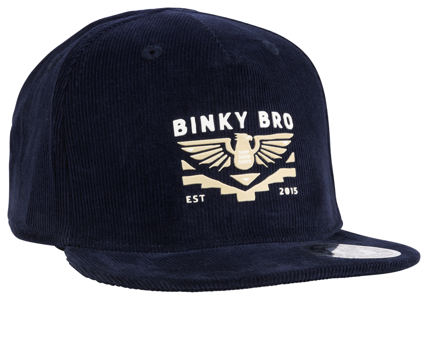 Navy corduroy snapback hat featuring a gold eagle logo and "Binky Bro EST 2015" text, designed for kids.