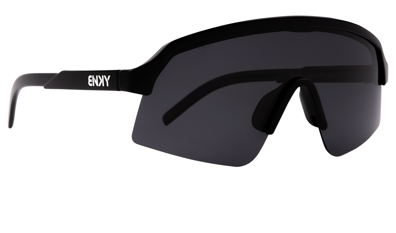 Sleek black Junior Baja sunglasses with a wraparound design and dark lenses, ideal for stylish outdoor adventures.