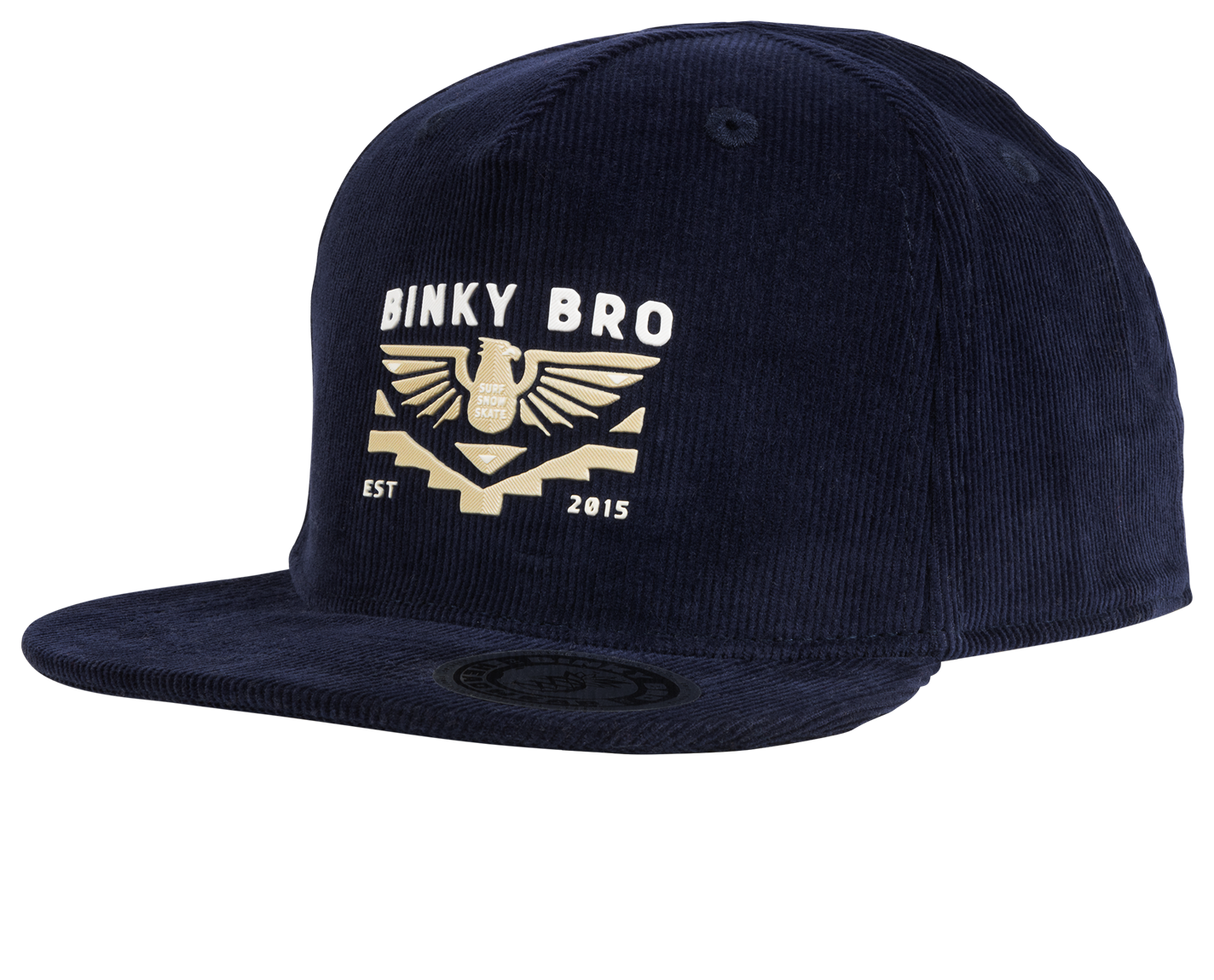 Navy corduroy snapback hat featuring a bold eagle graphic and "Binky Bro" logo, perfect for stylish kids.