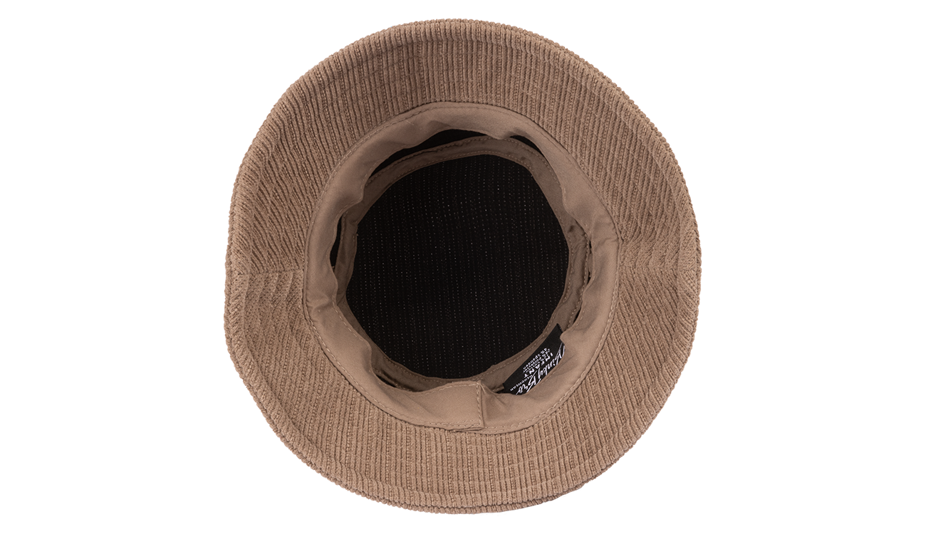 Beige cord bucket hat with a wide brim and soft interior, perfect for stylish sun protection for kids.