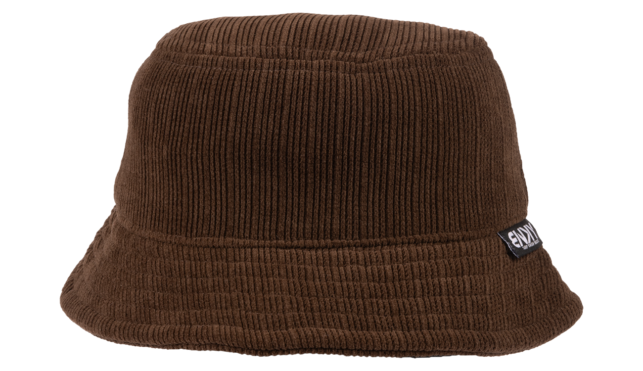 Brown corduroy bucket hat with a textured finish and a small branded tag, perfect for stylish kids.