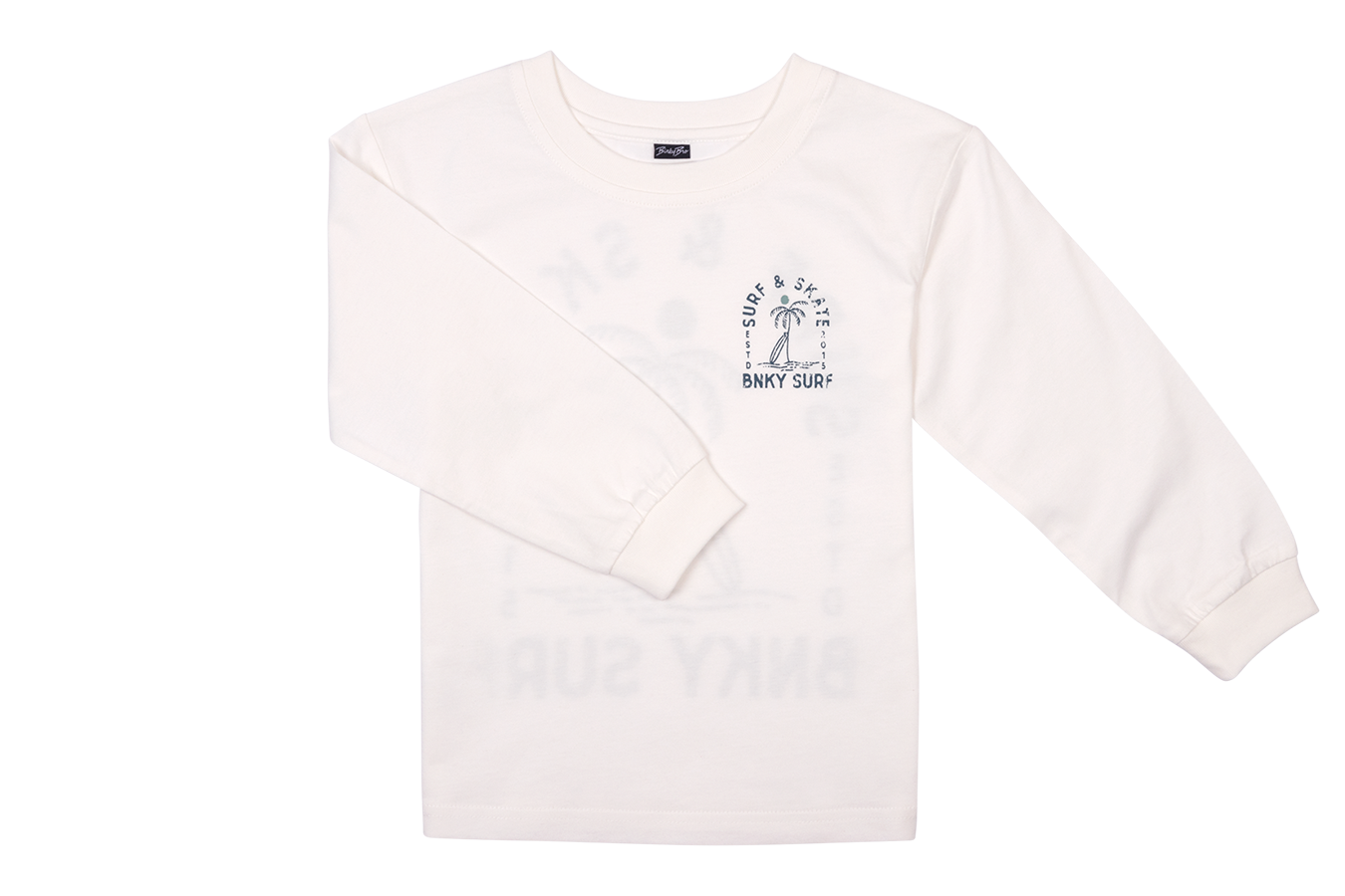 Long-sleeve white shirt featuring a surf-themed graphic with "Binky Surf" text, designed for kids' casual wear.
