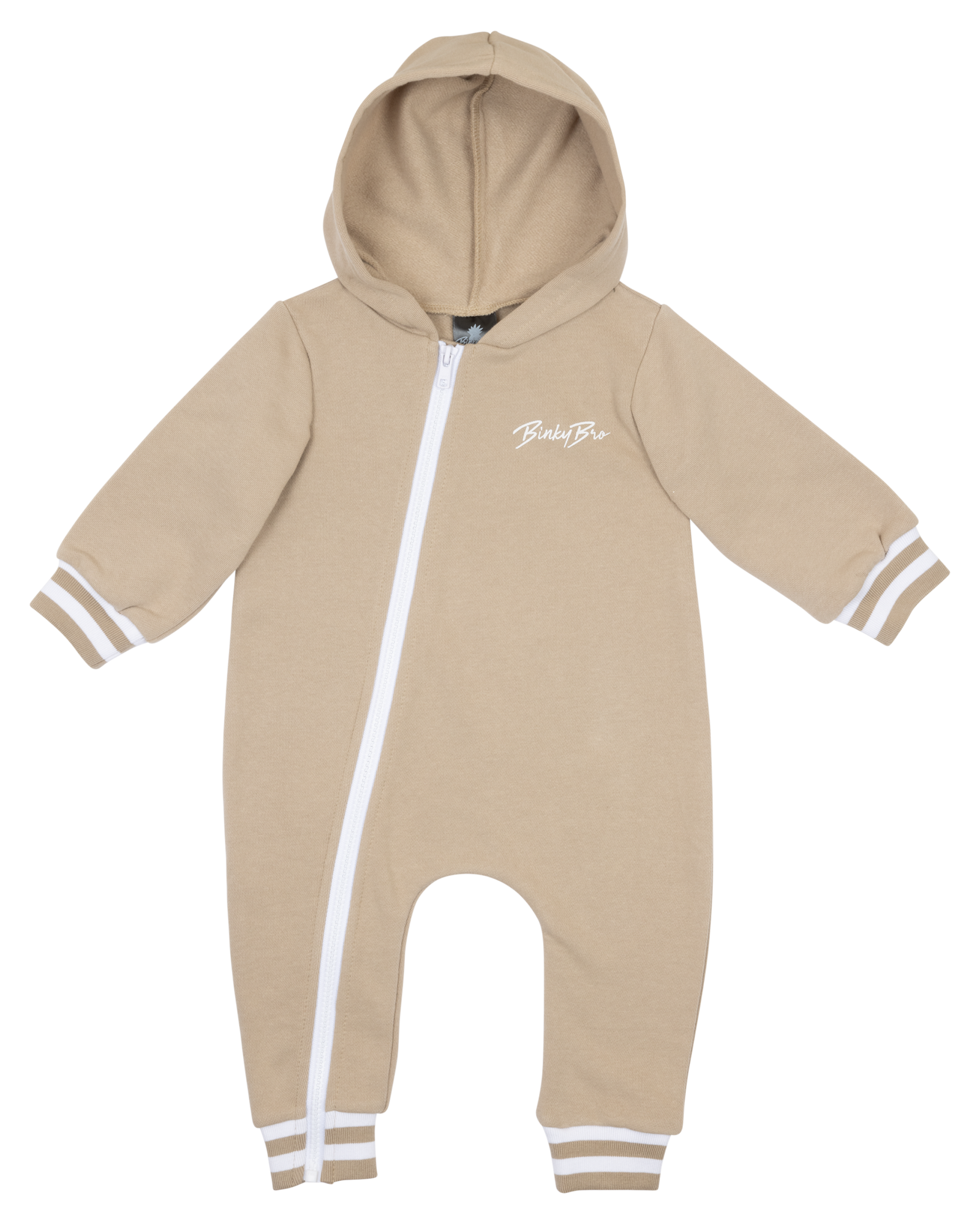 Beige zip-up onesie with a hood and white stripes, featuring the BinkyBro logo, designed for infants and toddlers.