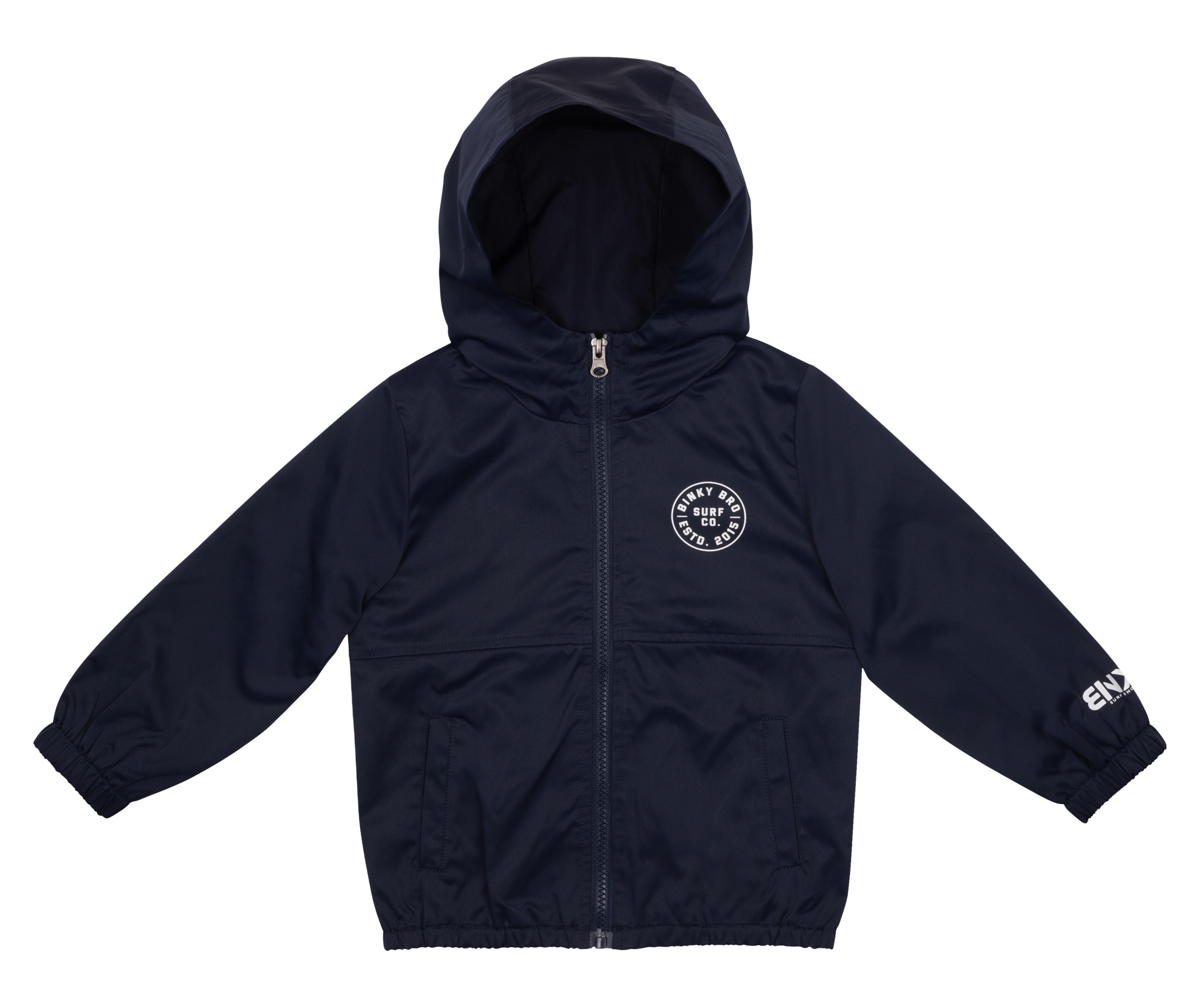Navy skate jacket for kids featuring a hood, zip closure, and logo detail on the chest and sleeve. Ideal for active play.