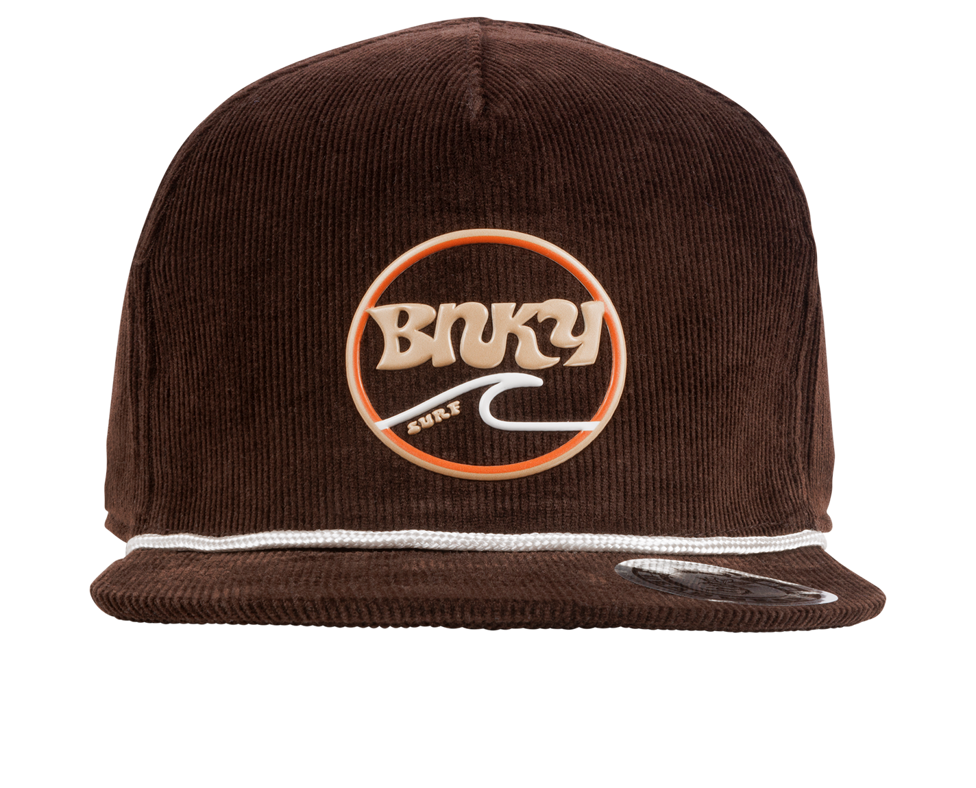 Brown corduroy snapback hat featuring a retro Binky logo and white accent detailing, perfect for stylish kids.