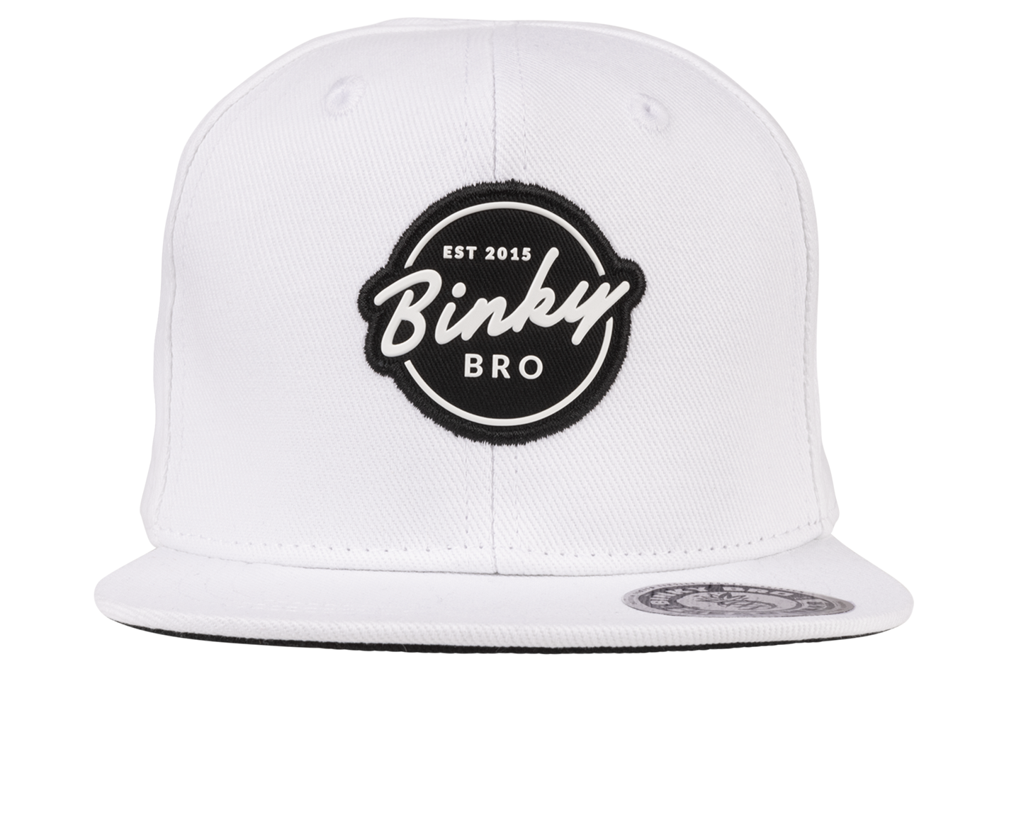 Stylish white snapback hat featuring a black circular BinkyBro logo, perfect for kids embracing a surf-snow-skate lifestyle.