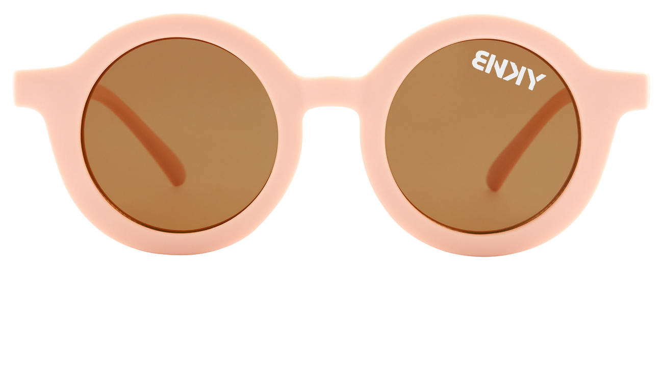 Round peach sunglasses with brown lenses, featuring a playful design perfect for kids' outdoor adventures.