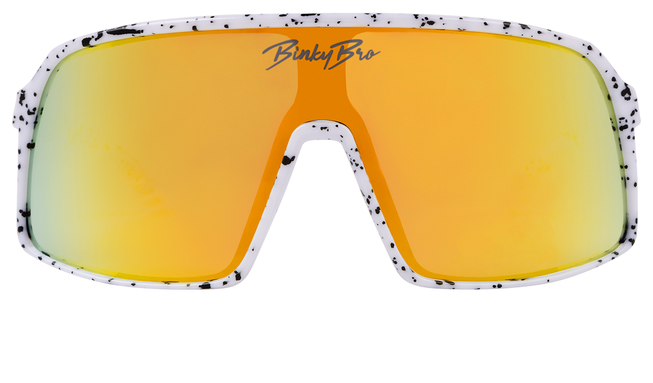 Stylish Monteverde sunglasses with a white speckled frame and orange mirrored lenses, perfect for kids' outdoor adventures.