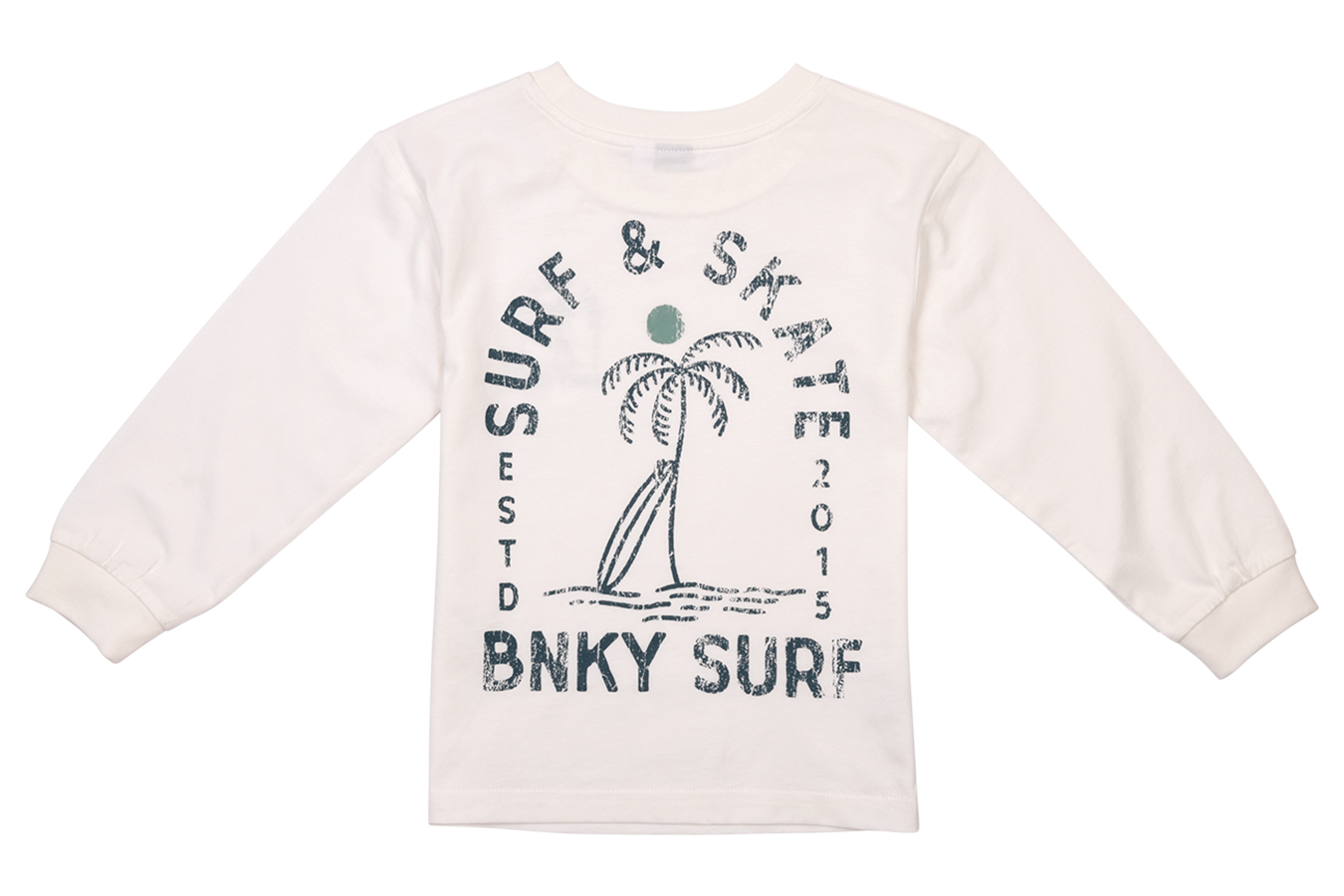 Long-sleeve white shirt featuring a palm tree graphic and "Surf & Skate BNKY SURF" text, perfect for young surf enthusiasts.