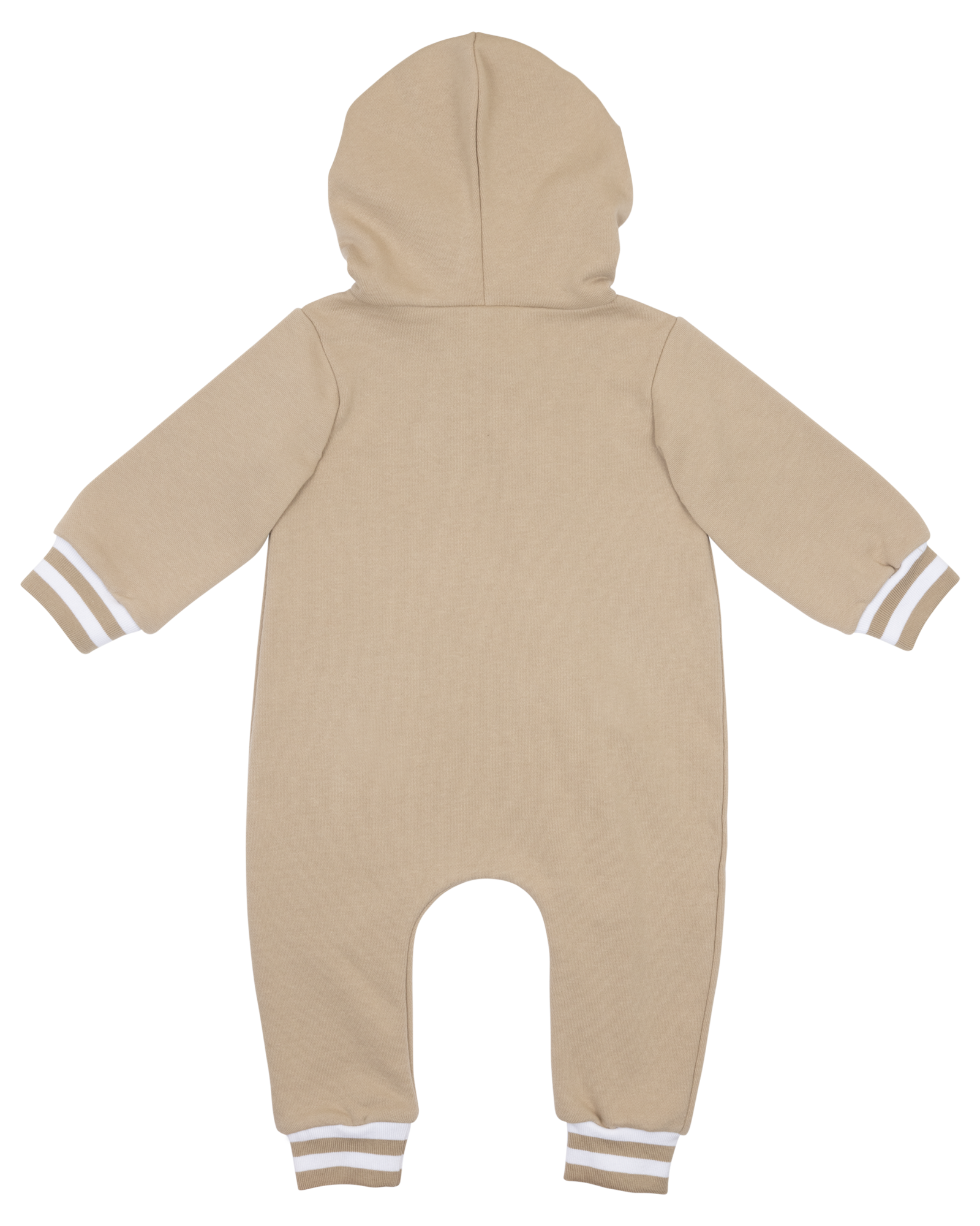Beige infant jumpsuit with a hood and striped cuffs, designed for comfort and style for little ones.