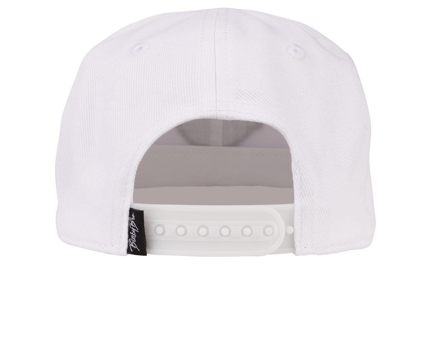 Back view of a white snapback hat featuring an adjustable strap and a branded tag, designed for kids' stylish wear.