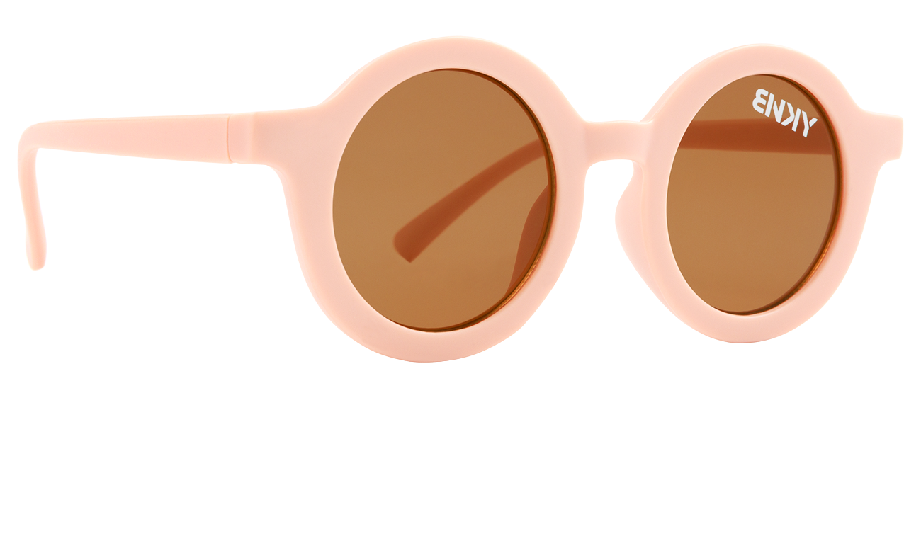 Round peach sunglasses with brown lenses, featuring a modern design and the brand name "ENDY" on the frame.