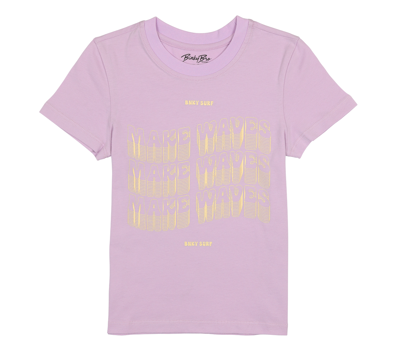 Light purple t-shirt featuring the text "Make Waves" in a bold, retro font, perfect for stylish kids who love surf culture.