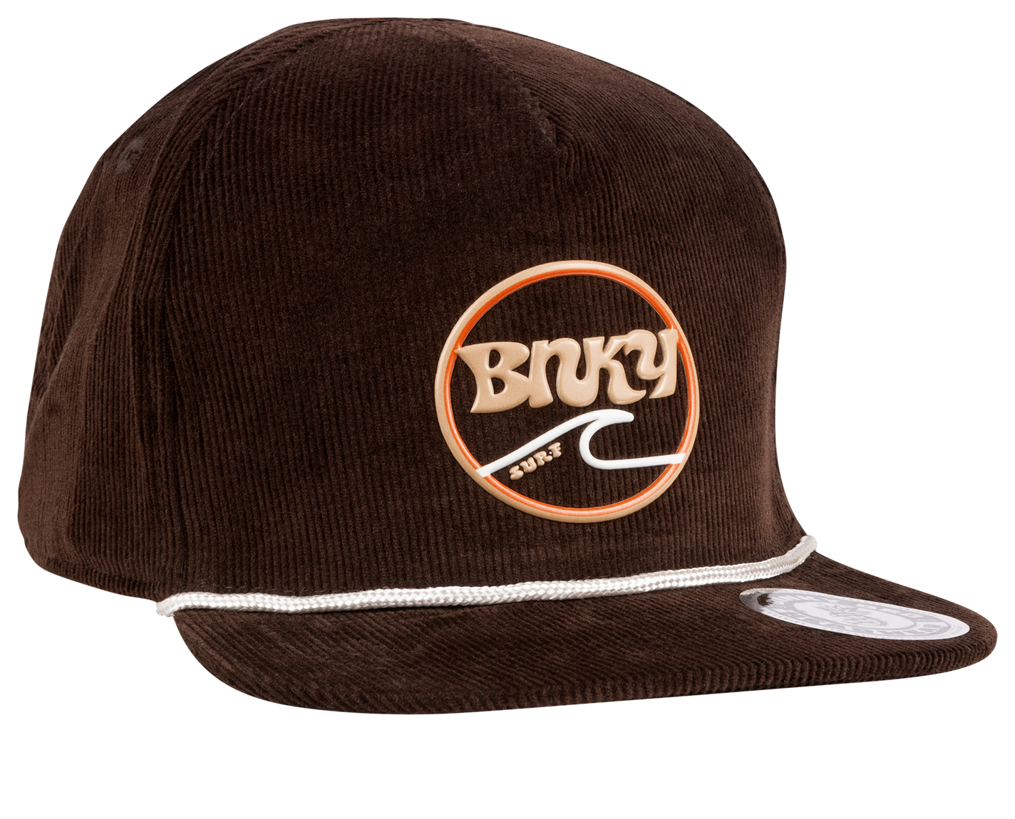 Brown corduroy snapback hat featuring a circular Binky logo and a white rope detail, perfect for stylish kids.