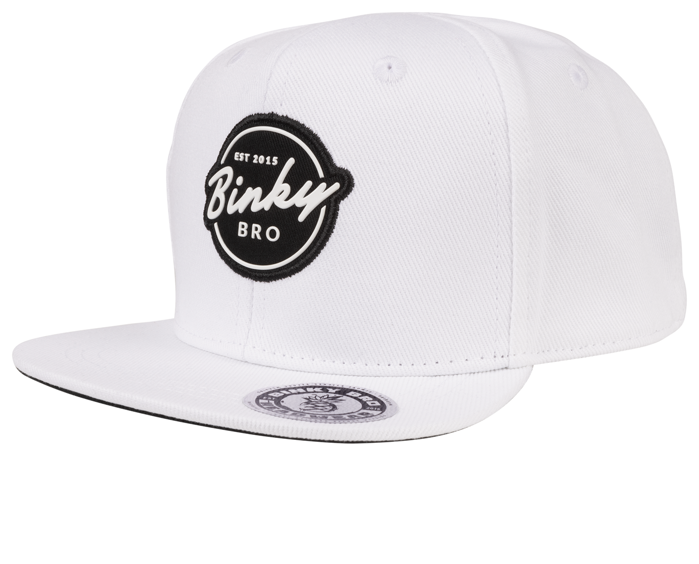 Stylish white snapback cap featuring the BinkyBro logo, perfect for infants and toddlers embracing a surf-snow-skate lifestyle.