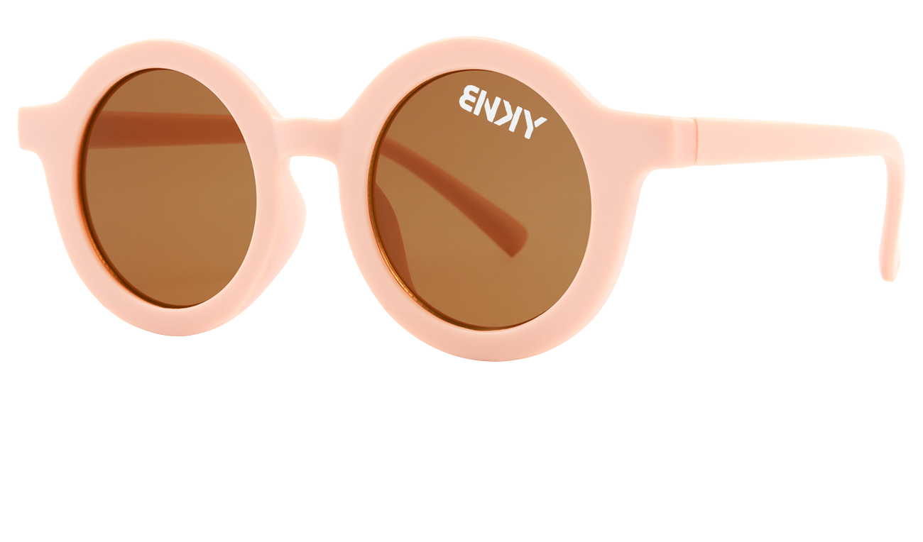 Stylish peach round sunglasses with brown lenses, perfect for kids' outdoor adventures and sun protection.