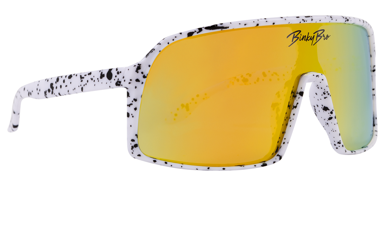 Stylish Monteverde sunglasses with a white speckled frame and reflective yellow-green lenses, perfect for kids.