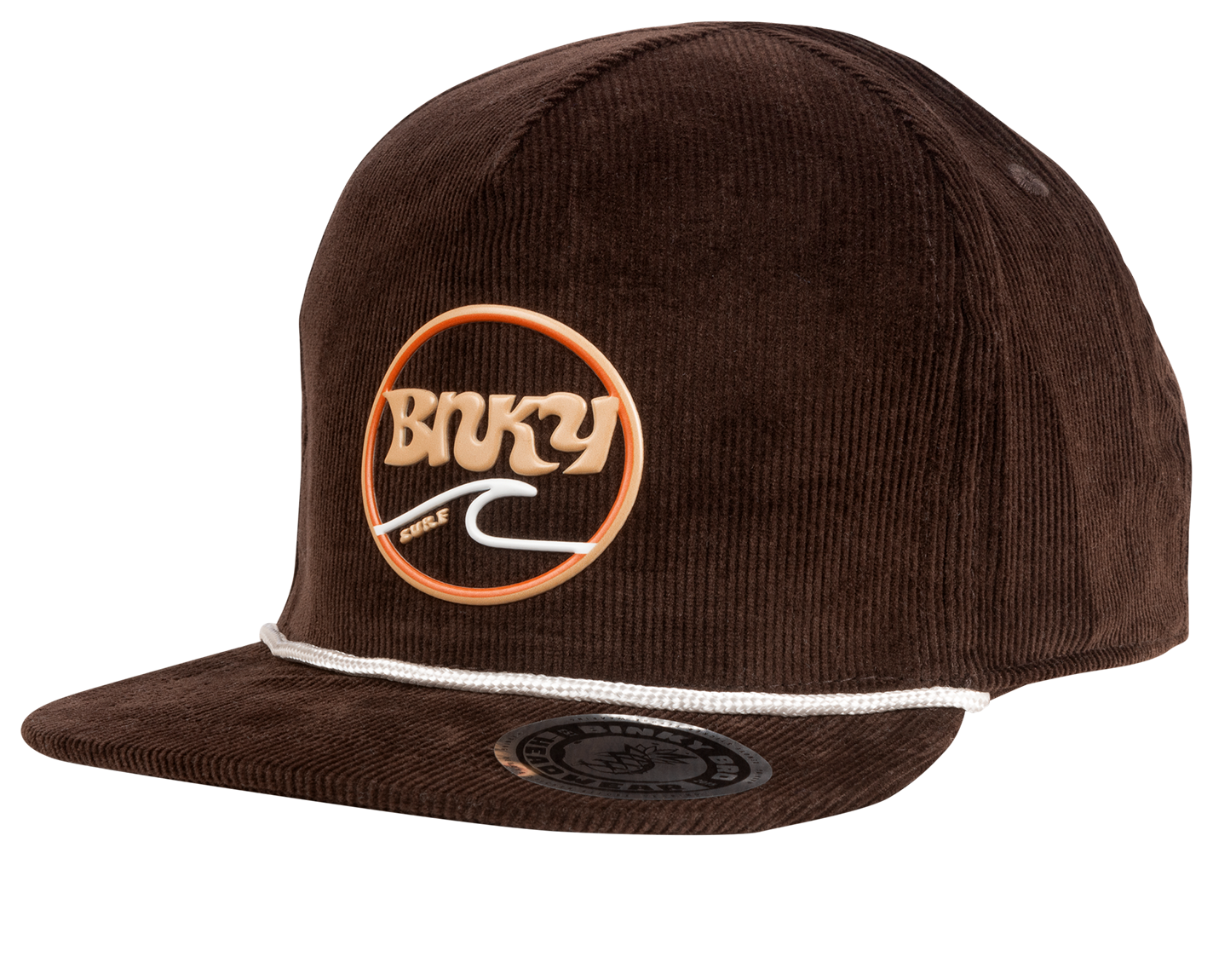 Brown corduroy snapback hat featuring a circular BinkyBro logo and a white cord detail on the brim. Perfect for stylish kids.