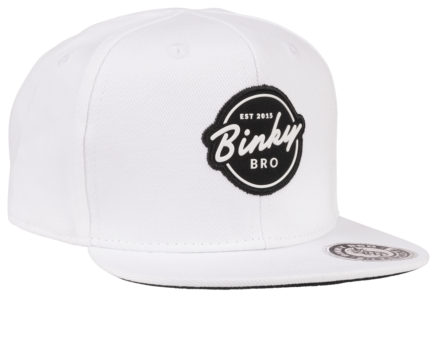 White snapback hat featuring a black Binky Bro logo, designed for infants and toddlers with a stylish, modern look.