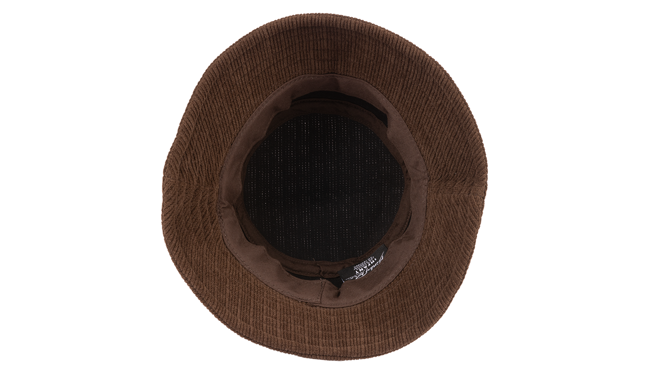 Top view of a brown cord BNKY bucket hat, featuring a wide brim and a textured fabric design. Ideal for stylish sun protection.