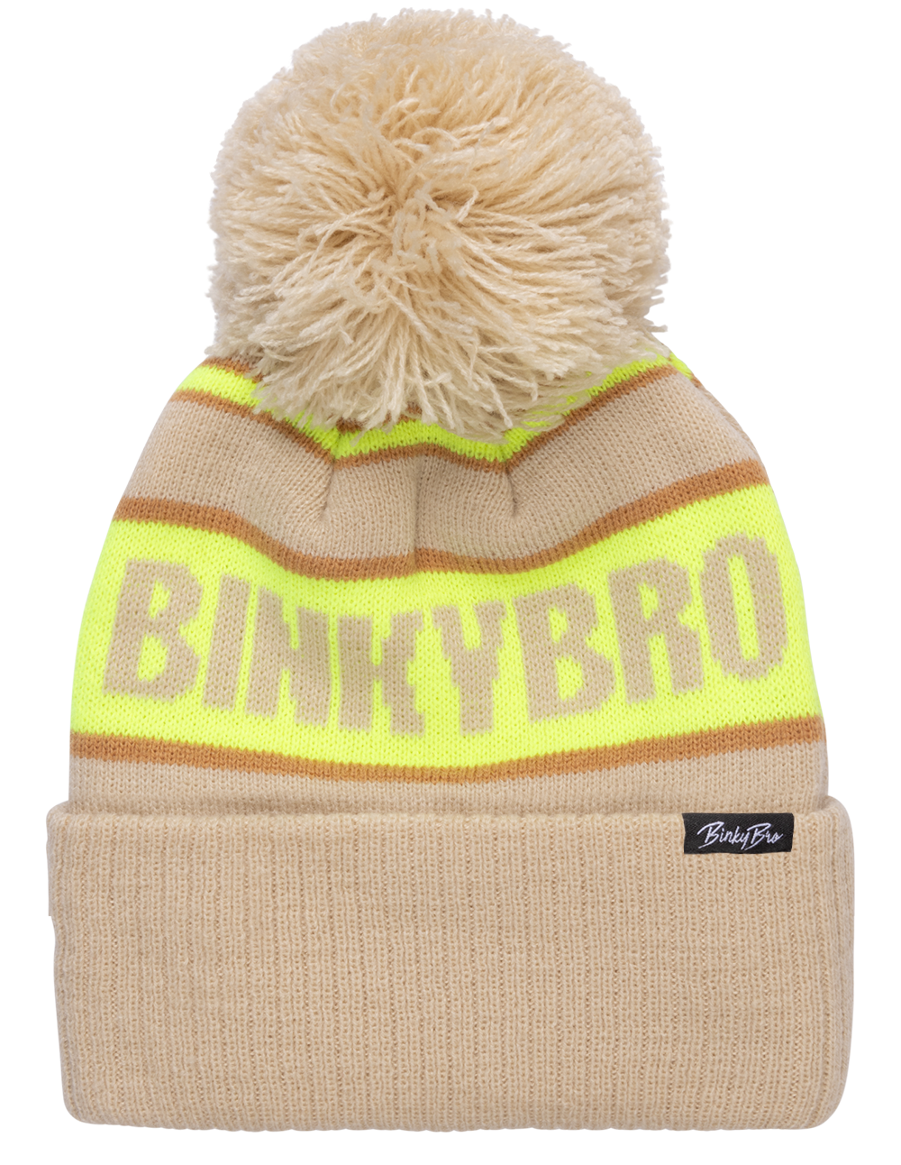 Cozy beige beanie with a fluffy pom-pom and neon yellow BinkyBro logo, perfect for stylish kids.