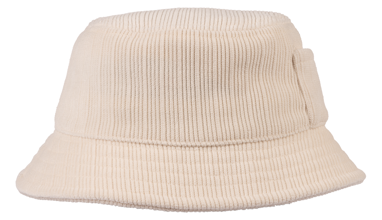 Cream cord BNKY bucket hat featuring a soft, textured fabric and a classic wide brim for stylish sun protection.