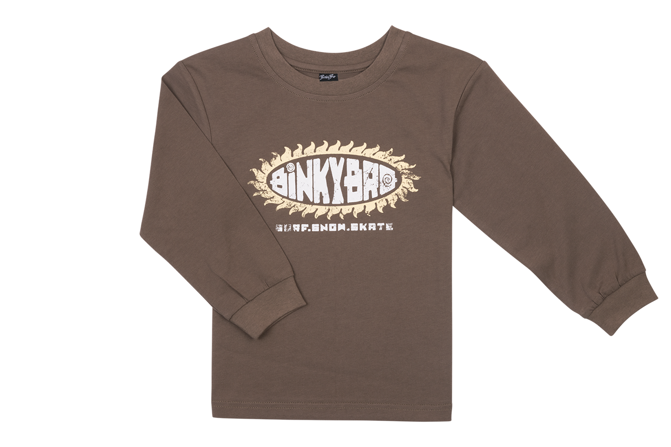 Brown long-sleeve shirt featuring a bold BinkyBro logo, designed for stylish infants and toddlers with a surf-snow-skate vibe.