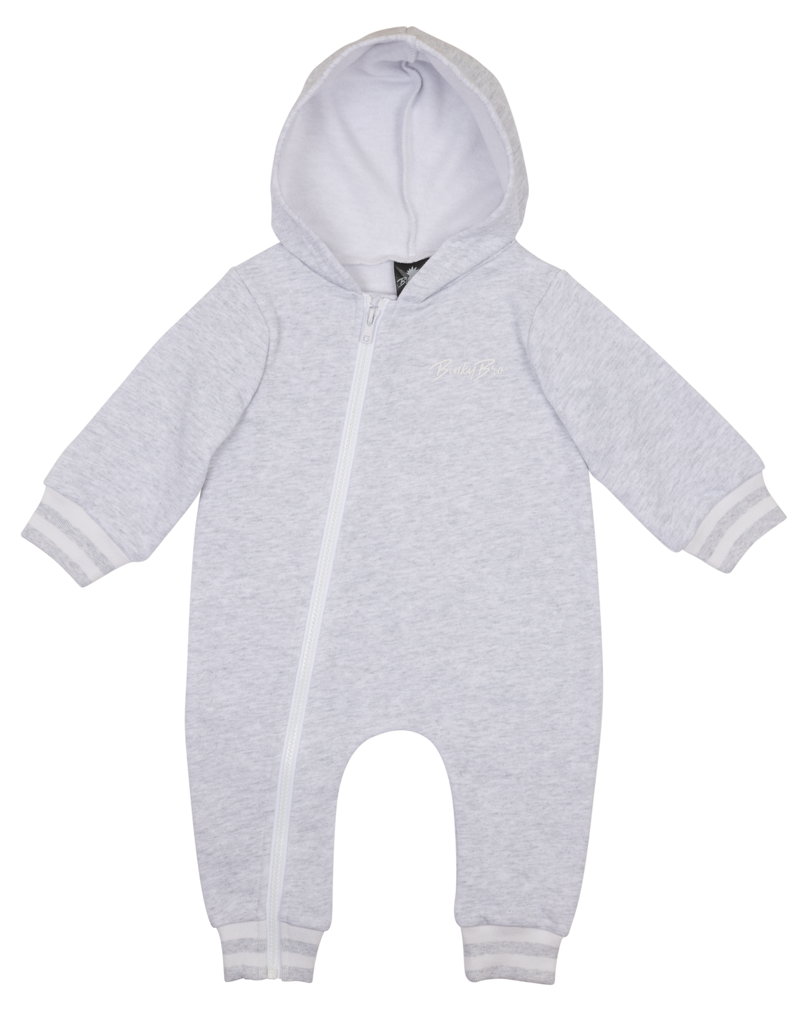 Cozy gray zip-up onesie with a hood and striped cuffs, perfect for infants and toddlers. Ideal for casual outings.