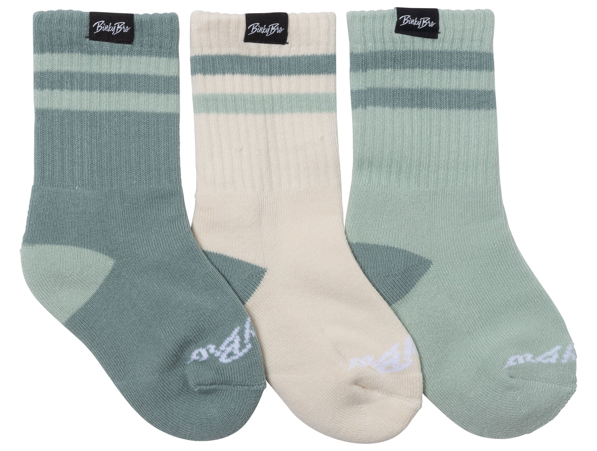 Three pairs of teal and cream socks featuring varying shades and stripe designs, perfect for kids' stylish outfits.