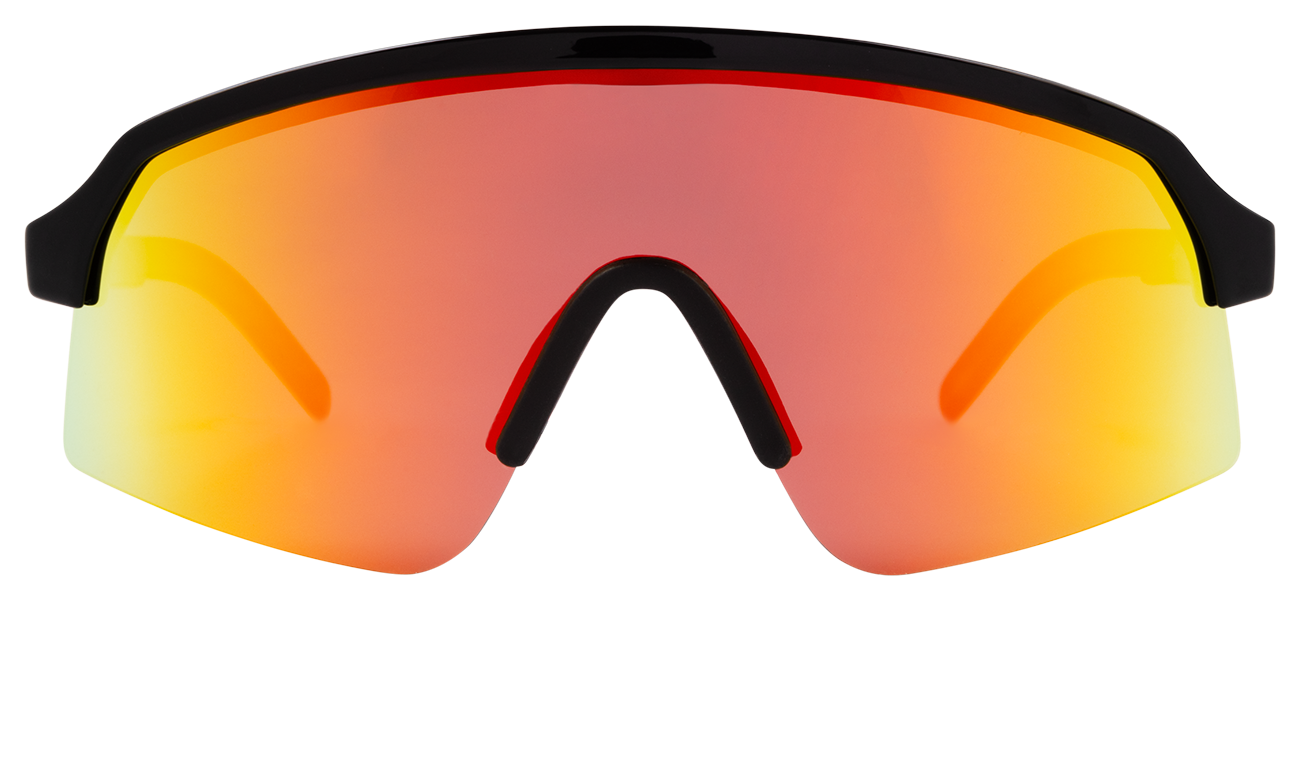 Stylish Junior Baja sunglasses with a sleek black frame and vibrant red-orange mirrored lenses, perfect for active youth.