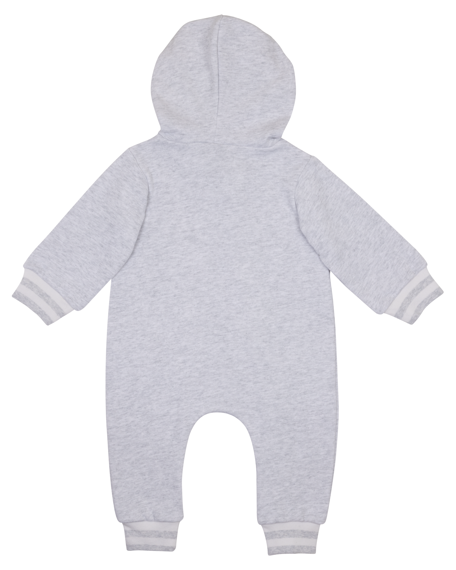 Cozy gray hooded onesie for infants with striped cuffs, perfect for stylish comfort in any season.