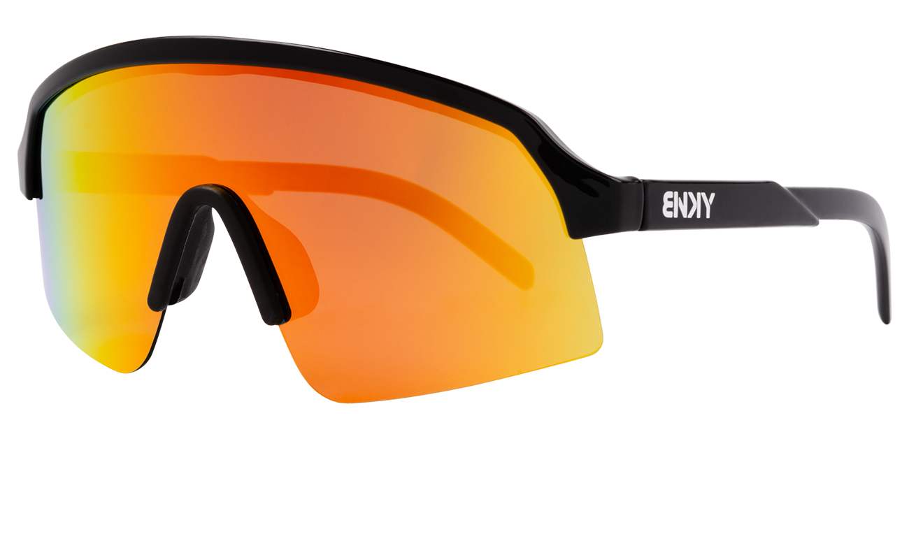 Sleek Junior Baja sunglasses with a black frame and vibrant orange lenses, perfect for active youth. Ideal for outdoor adventures.