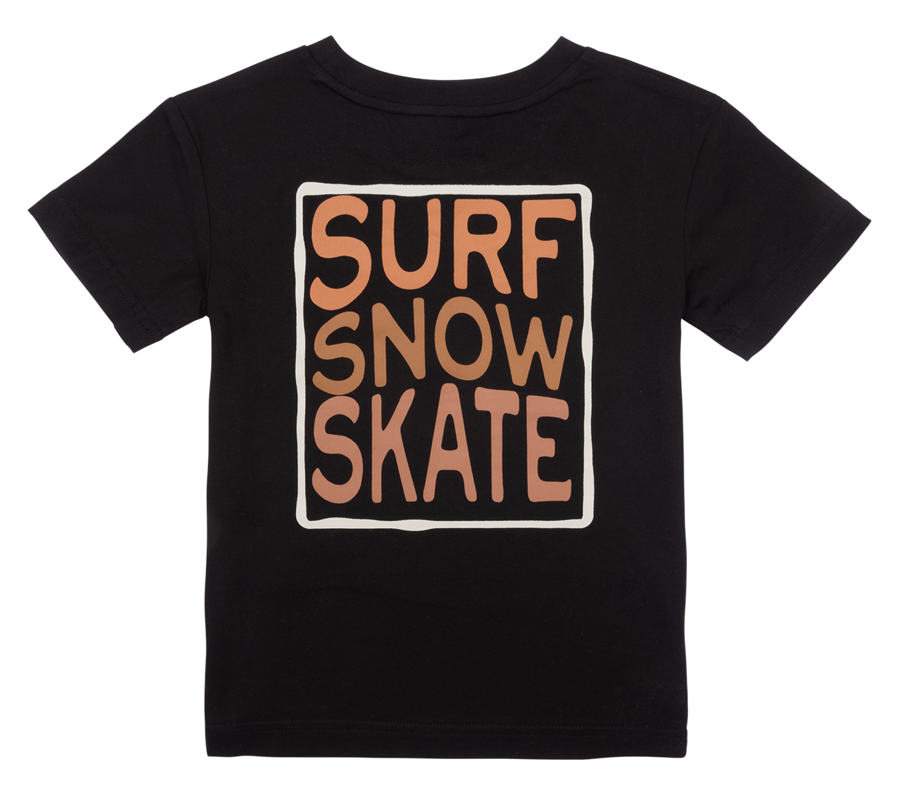 Black youth t-shirt featuring a bold "SURF SNOW SKATE" graphic in orange and cream colors on the back.